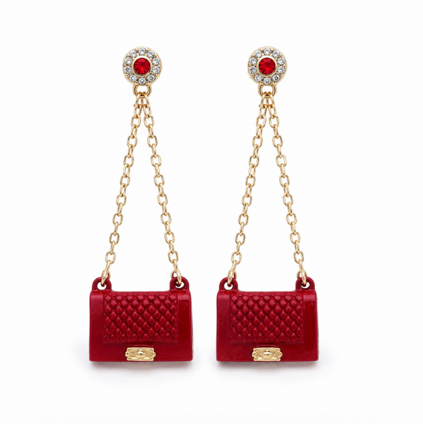 Red & Goldtone Crystal-accent Fashion Clutch Chain Drop Earrings