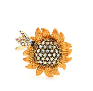 Goldtone Crystal Sunflower & Bee Brooch