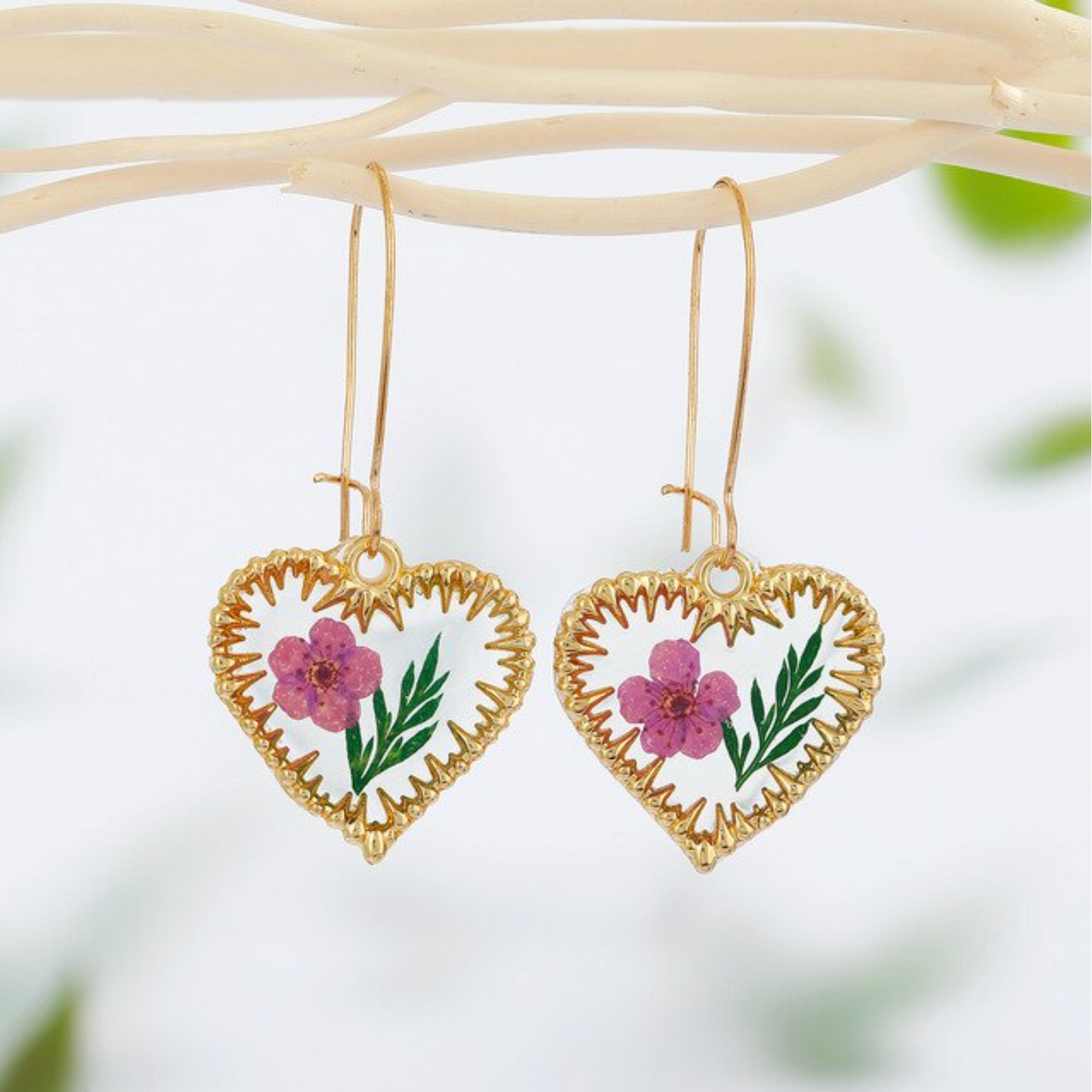 Goldtone Transparent Heart Shaped Floral Drop Earrings