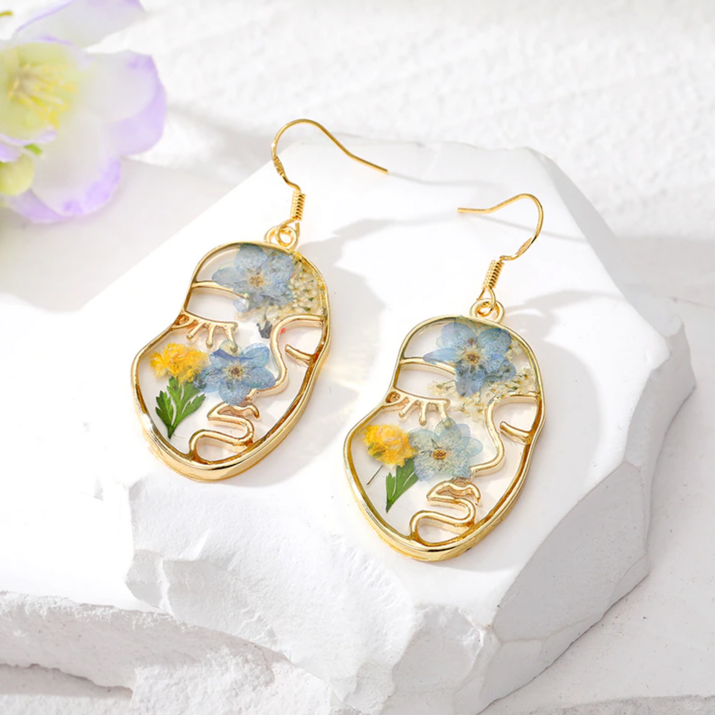 Goldtone Transparent & Floral Abstract Face Drop Earrings