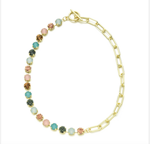 Goldtone Chain Link Pink & Blue Crystal Necklace