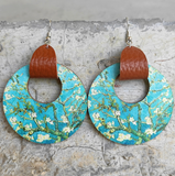 Brown Leather & Blue Cherry Blossom Tree Circular Drop Earrings