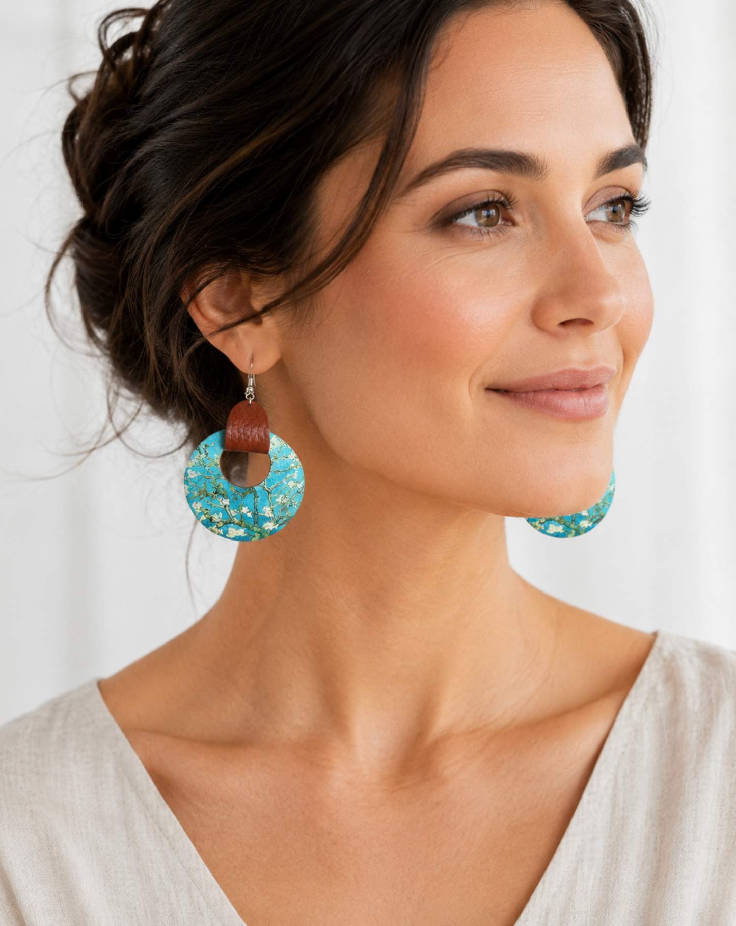 Faux Leather Strap & Patterned Circular Drop Earrings