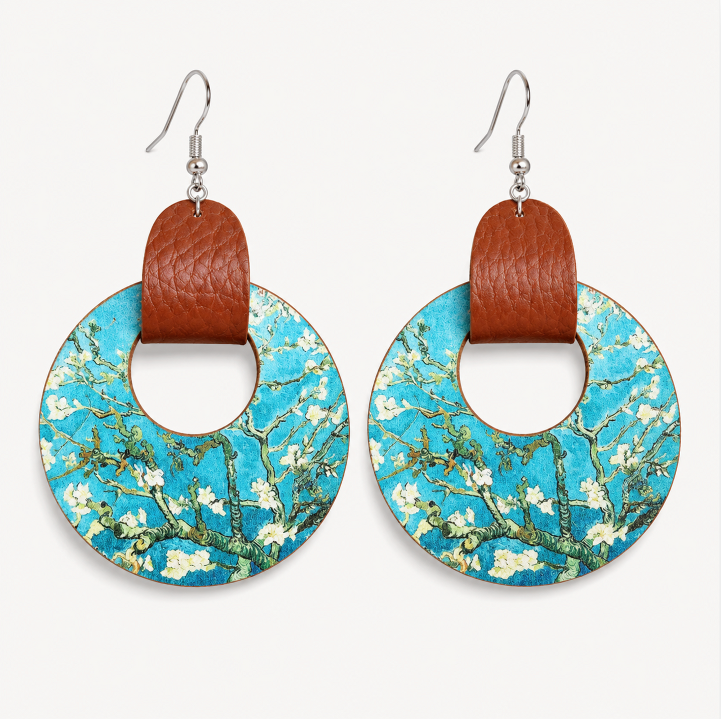 Faux Leather Strap & Patterned Circular Drop Earrings