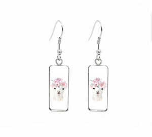 White Pink Floral Lamb Rectangular Drop Earrings