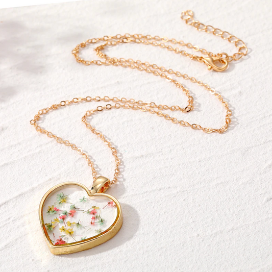 Goldtone Transparent Floral Heart Pendant Necklace