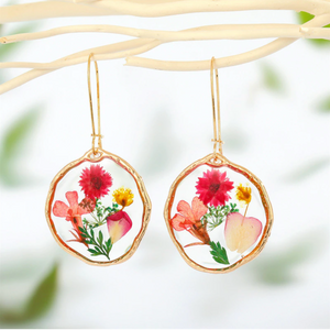 Goldtone Circular Transparent Floral Drop Earrings