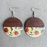 Wooden & Sunflower Circular Drop Earrings