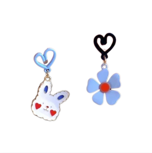 Asymmetrical White Bunny Blue Flower Earrings