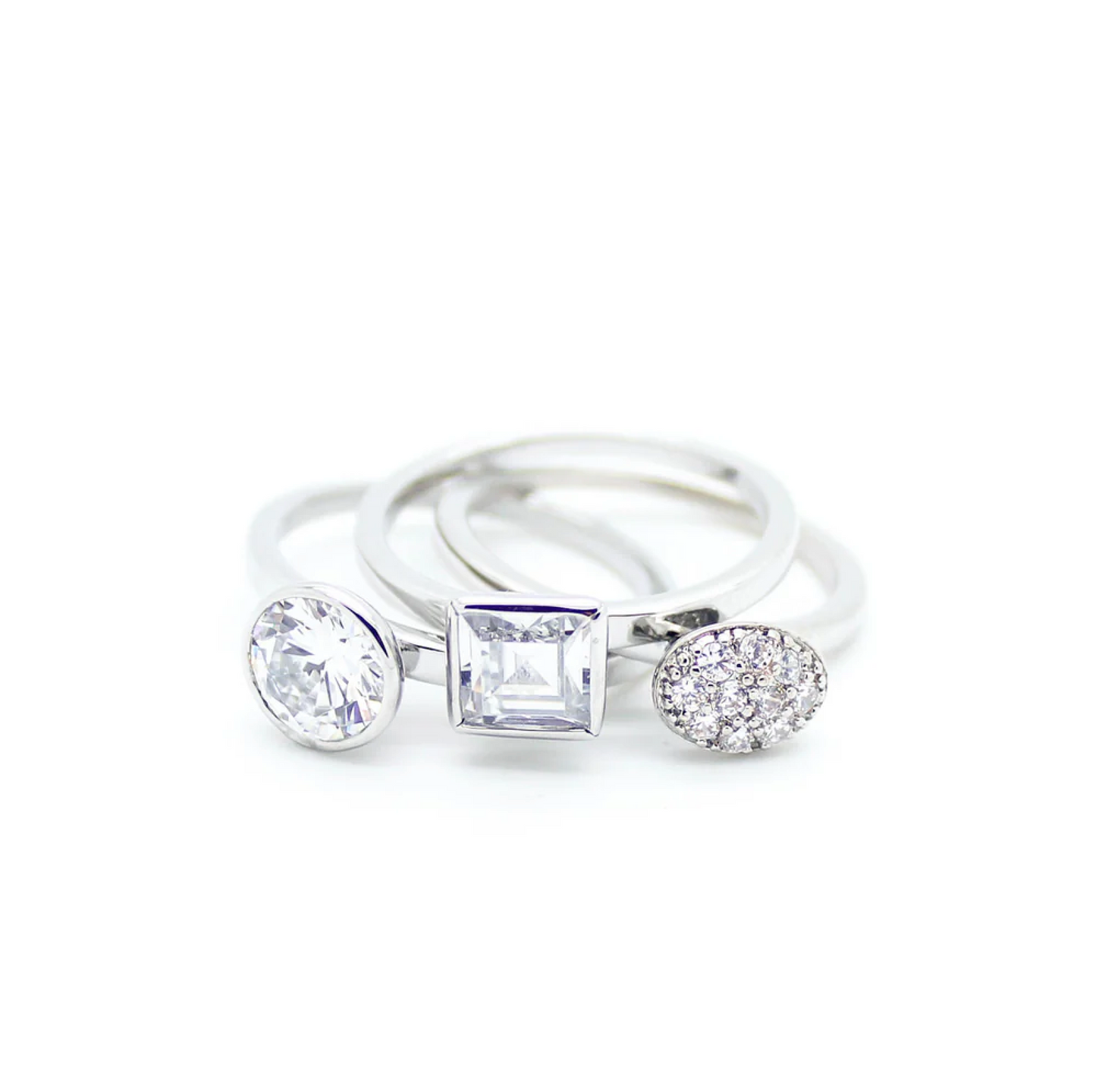 Stackable Trio Ring Set with CZ Accents and Swarovski Crystals – Rhodium-Plated Polished Finish