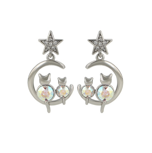 Aurora Borealis Cats On Crescent Moon Swarovski Crystal Earrings