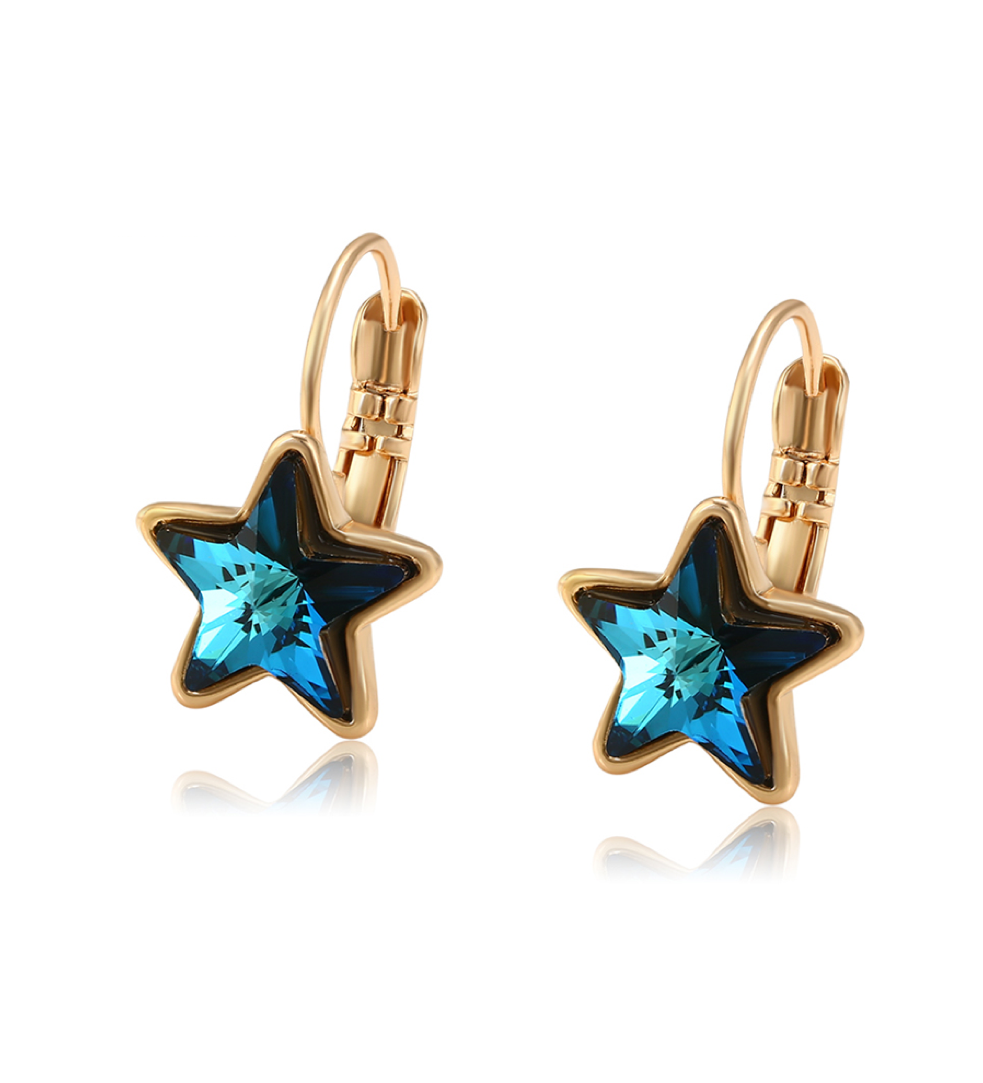 Bermuda Blue Goldtone Swarovski Crystal Star Leverback Earrings