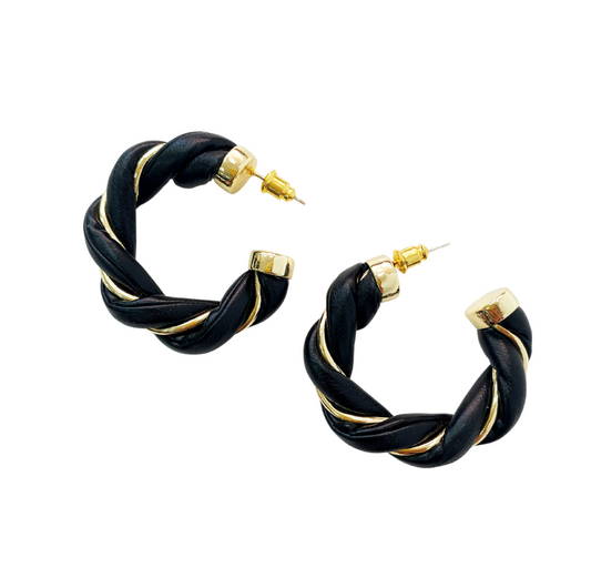 Goldtone Black Twisted Hoop Earrings