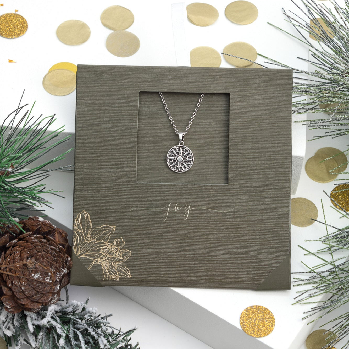 Compass necklace with rhodium plated stainless steel, meaningful design, gift-ready by callura