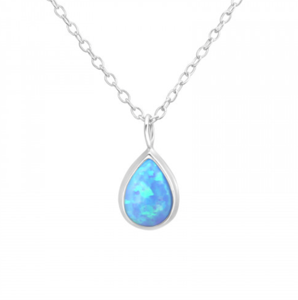 Sterling Silver Dainty Blue Opal Teardrop Pendant Necklace - Ag Sterling