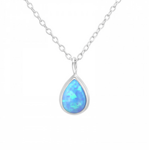 Sterling Silver Dainty Blue Opal Teardrop Pendant Necklace - Ag Sterling