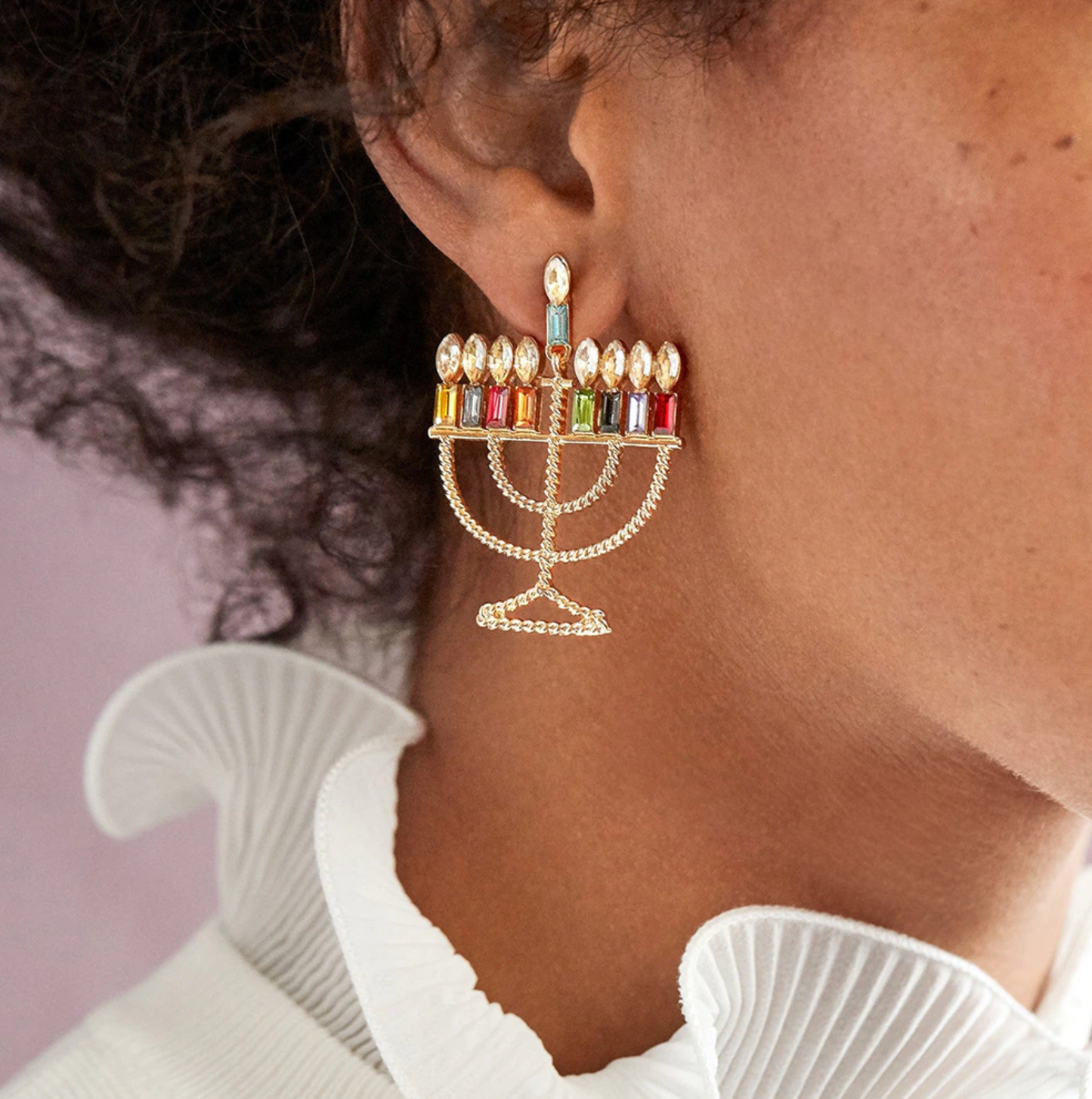 Goldtone & Multi Colored Crystal Menorah Drop Earrings