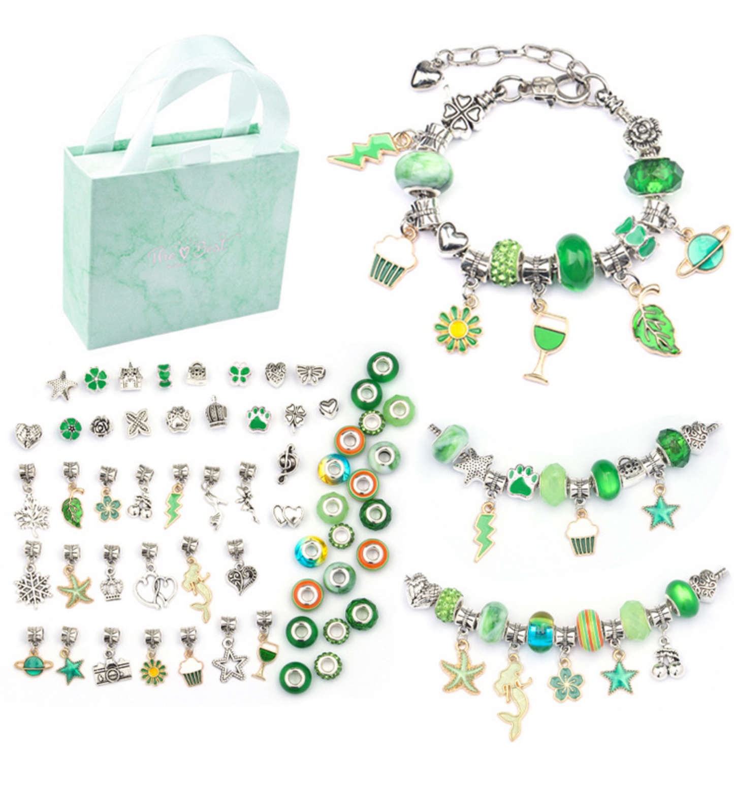 Silvertone & Green Charm Bracelet Set