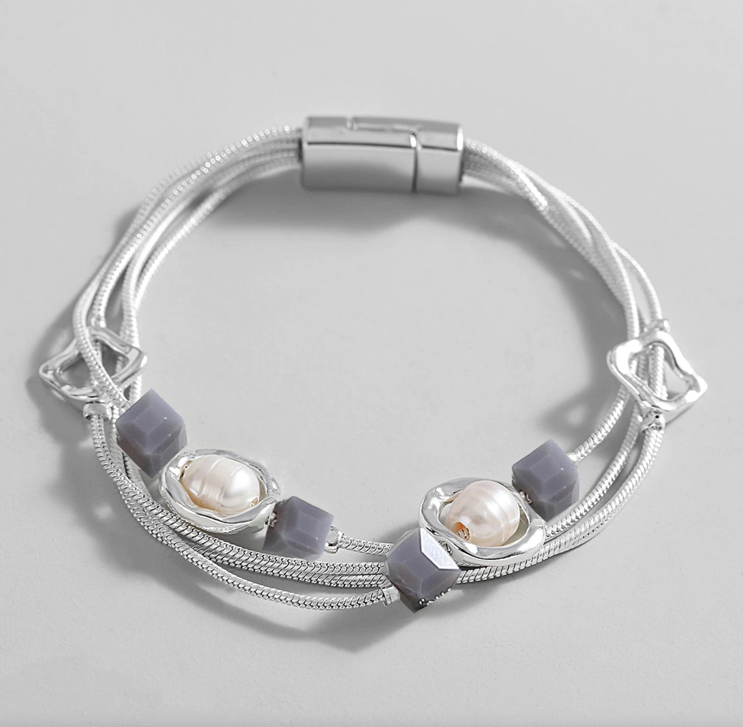 Freshwater Pearl Multi Strand Bracelet With Opal Grey Cube Accent Beads