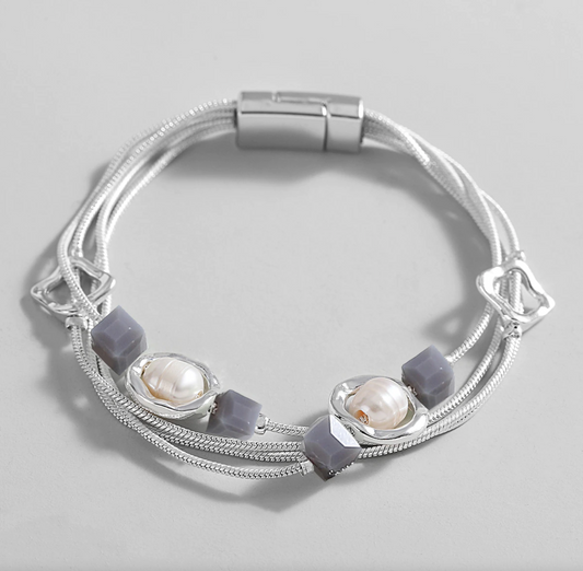 Freshwater Pearl Multi Strand Bracelet With Opal Grey Cube Accent Beads