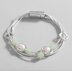 Freshwater Pearl Multi Strand Bracelet With Mint Cube Accent Beads