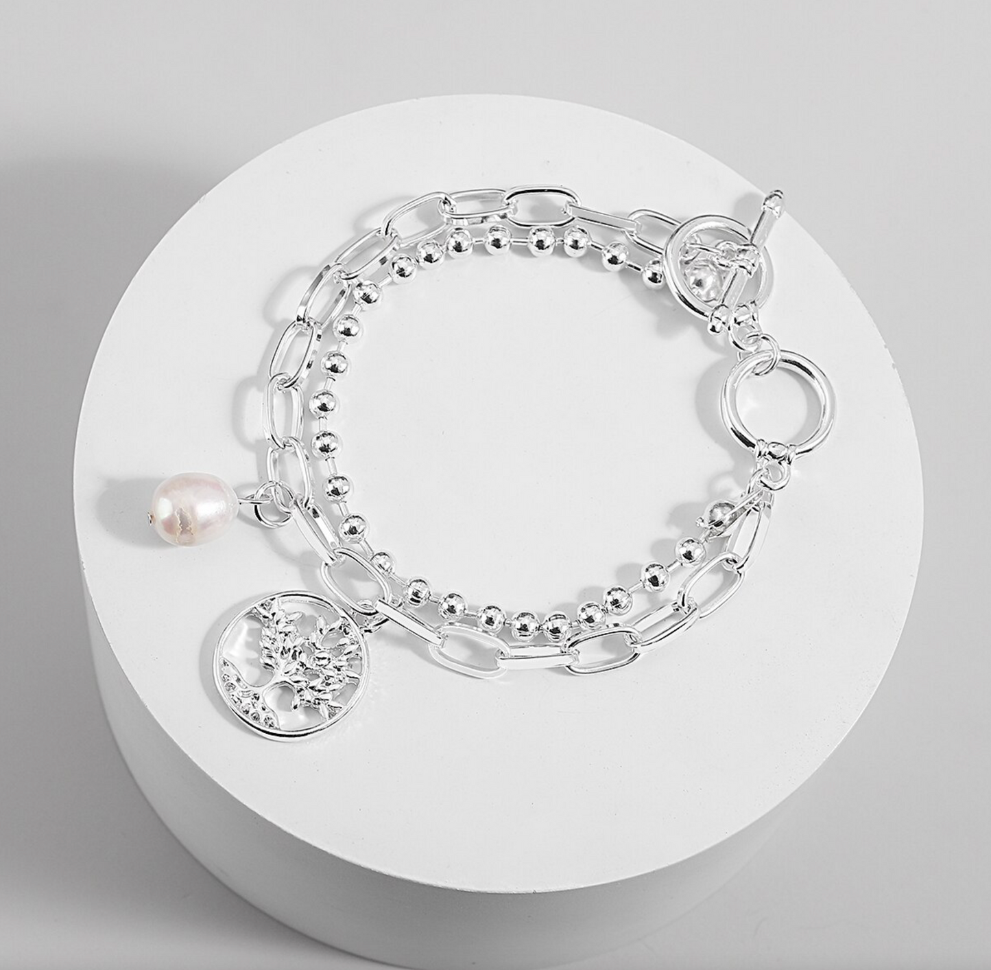 Imitation Pearl & Silvertone Chain Link Tree Of Life Bracelet