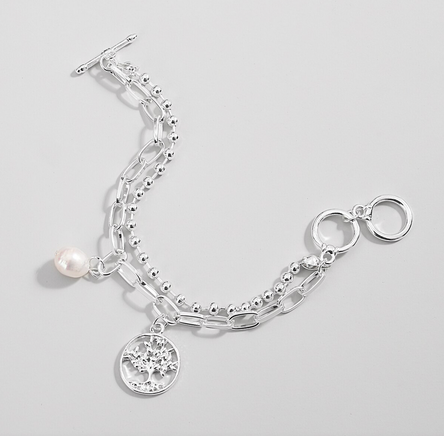 Imitation Pearl & Silvertone Chain Link Tree Of Life Bracelet