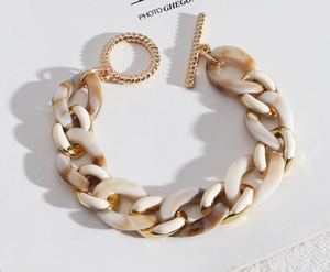 Beige & White Marbled Chunky Chain Goldtone Bracelet