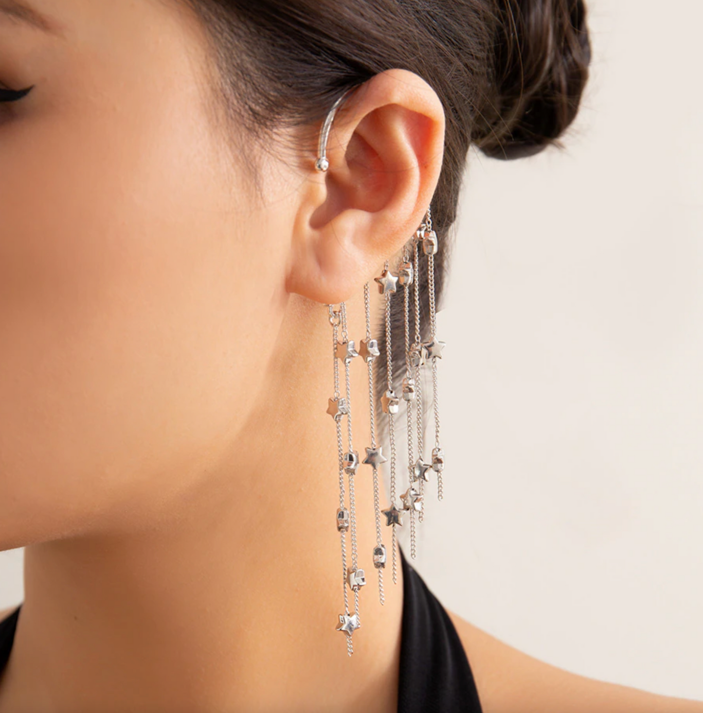 Silvertone Chain Drop Stars Statement Ear Cuff