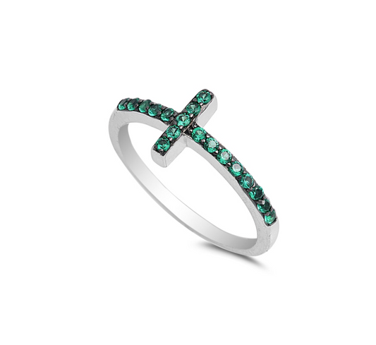 Green CZ & Sterling Silver Sideways Cross Ring