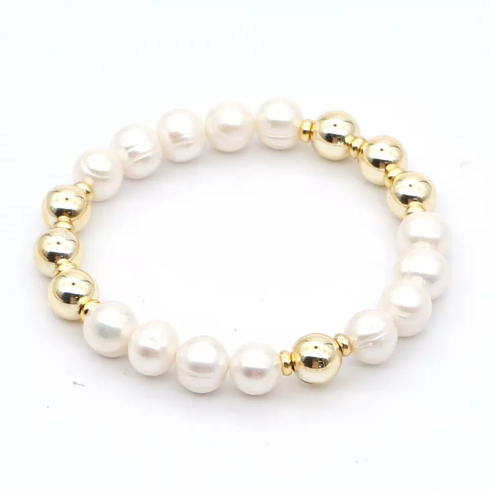 Freshwater Pearl &Goldtone Beaded Stretch Bracelet