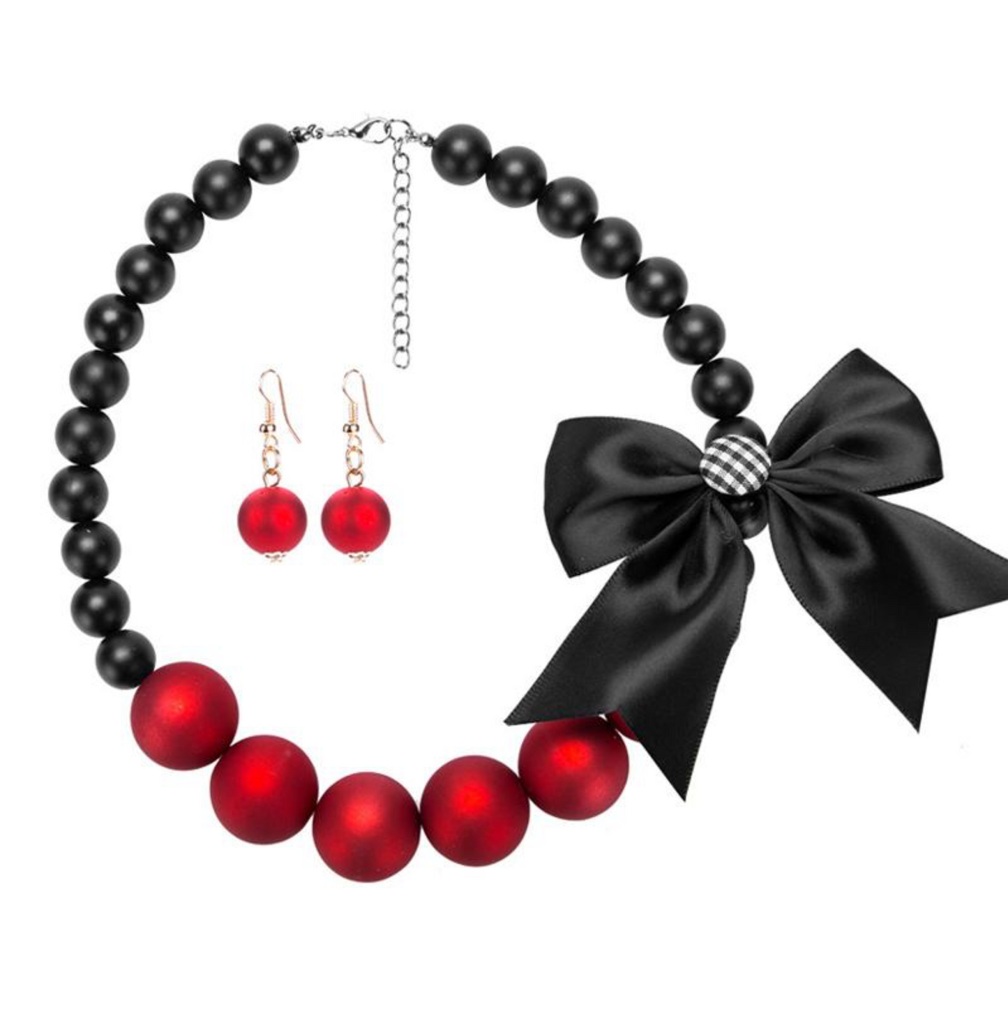 Black Beaded Bow Necklace & Drop Earrings Set