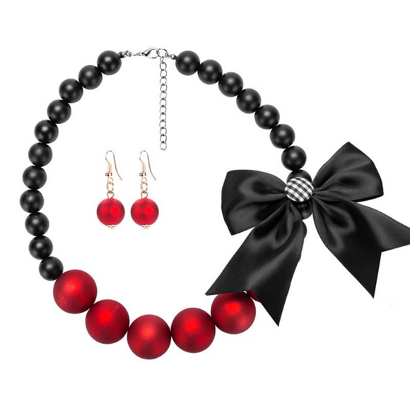 Black & Red Beaded Bow Necklace & Drop Earrings Set