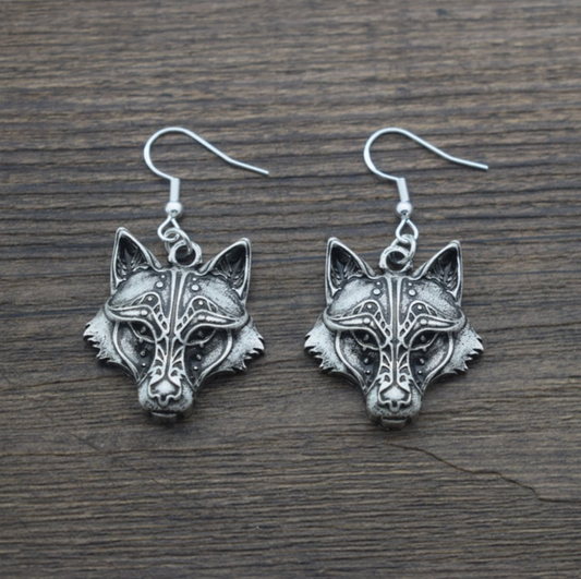 Silvertone Celtic Wolf Drop Earrings