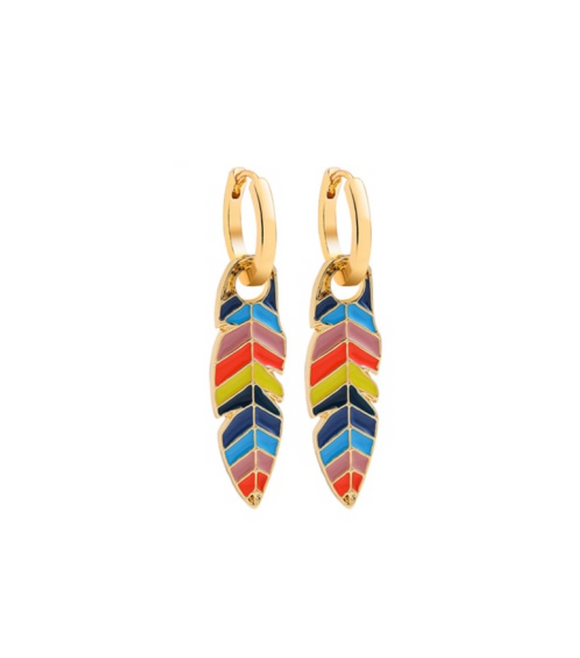 Goldtone & Multi Colored Feather Huggie Hoop Earrings