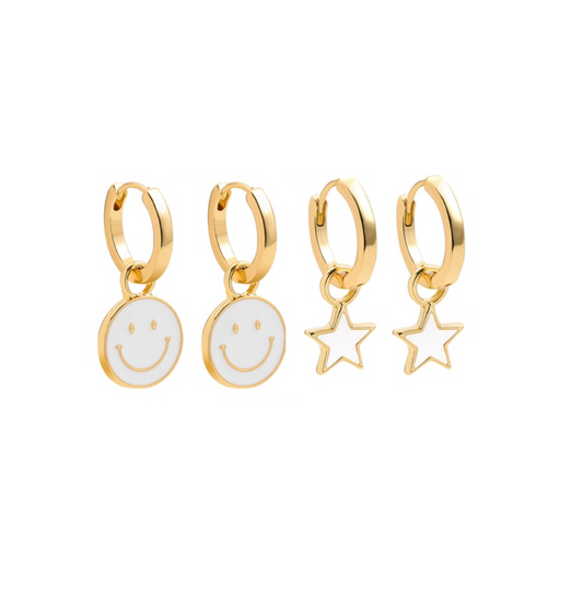 Goldtone & White Happy Face And Star Huggie Hoop Earring Set