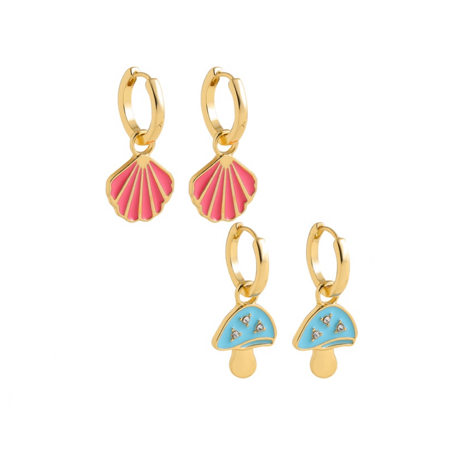 Goldtone Red Shell & Blue Mushroom Huggie Hoop Earrings Set
