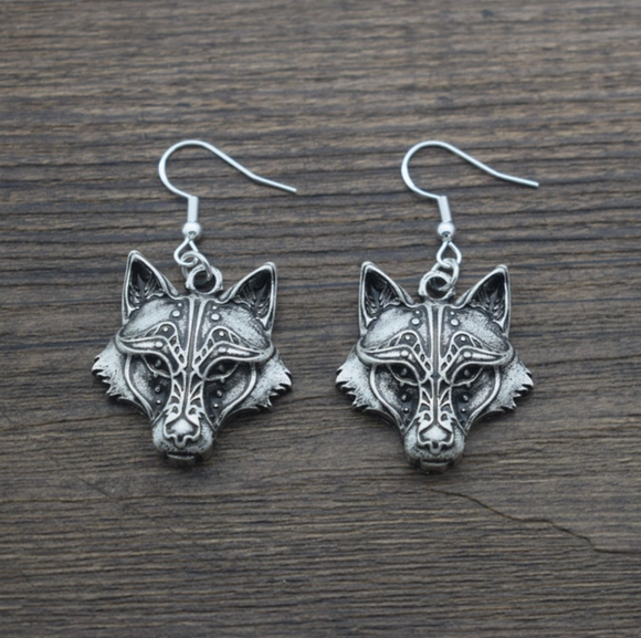 Silvertone Celtic Wolf Drop Earrings