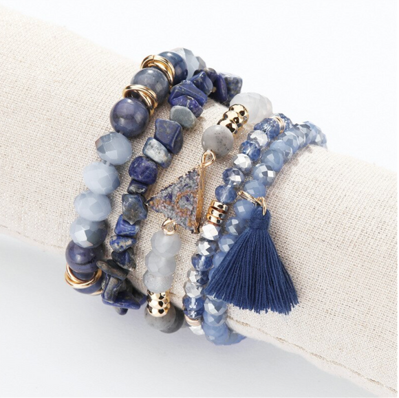 Blue Beaded & Tasseled Set Of 5 Bracelets