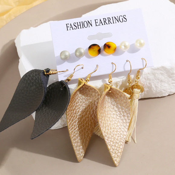 Goldtone Black & Champagne Drop Earrings With Faux Pearl Stud Set