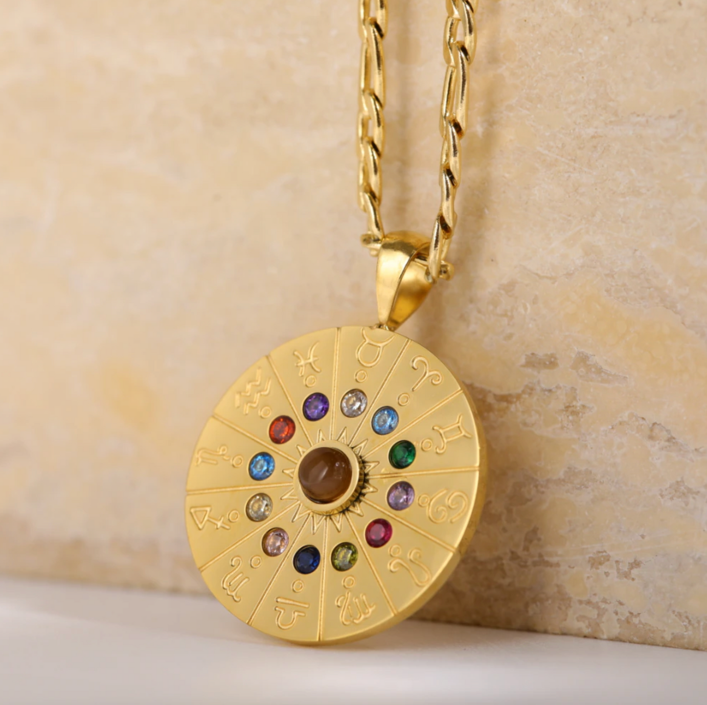 Goldtone & Multi Colored Crystal Zodiac Sign Pendant Necklace