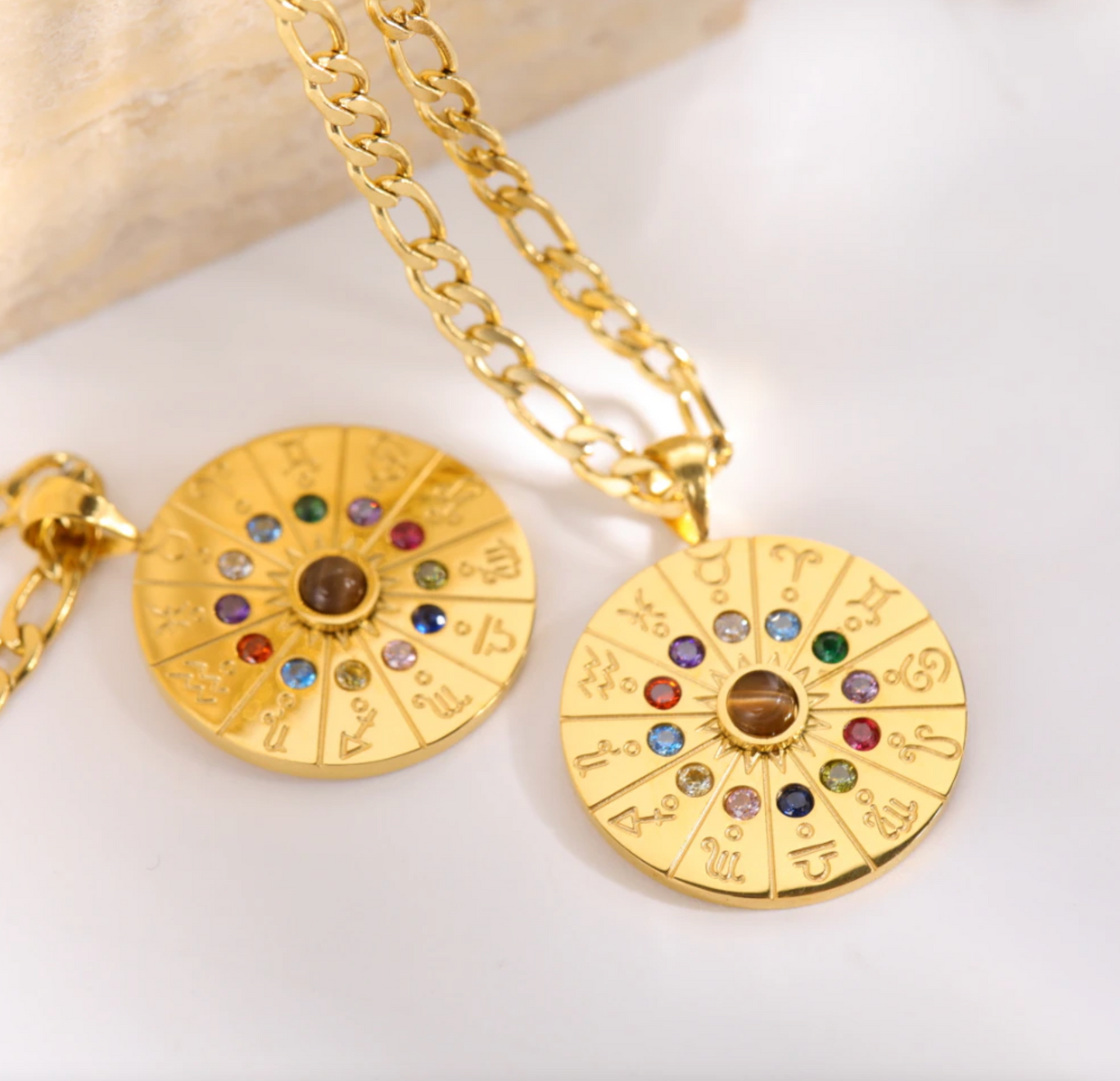 Goldtone & Multi Colored Crystal Zodiac Sign Pendant Necklace