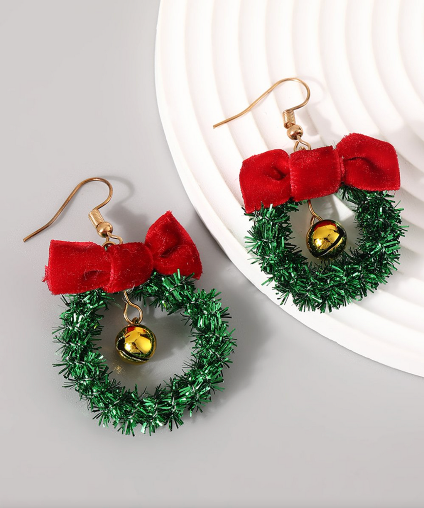 Green Wreath With Red Bow Drop Earrings