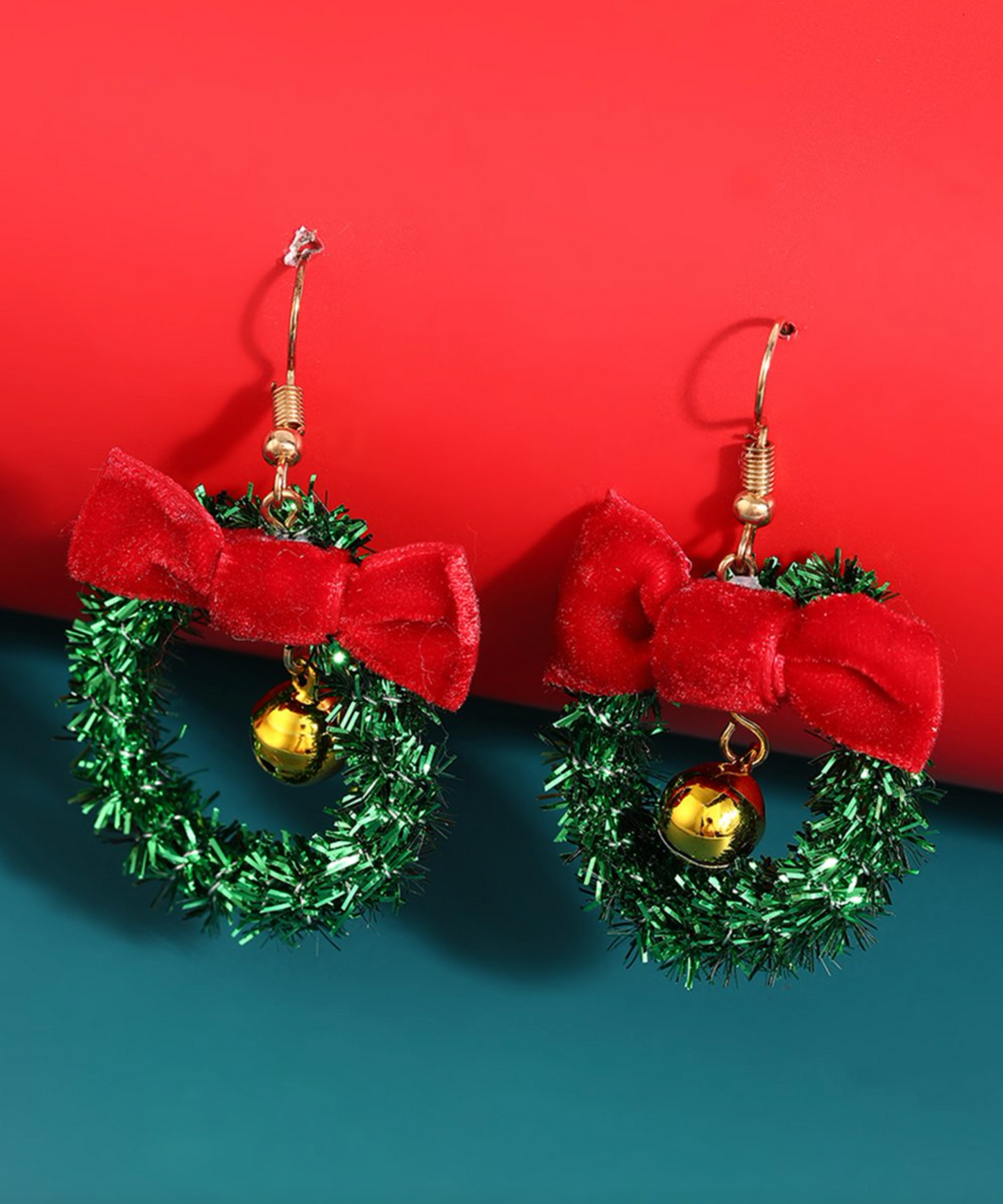 Green Wreath With Red Bow Drop Earrings