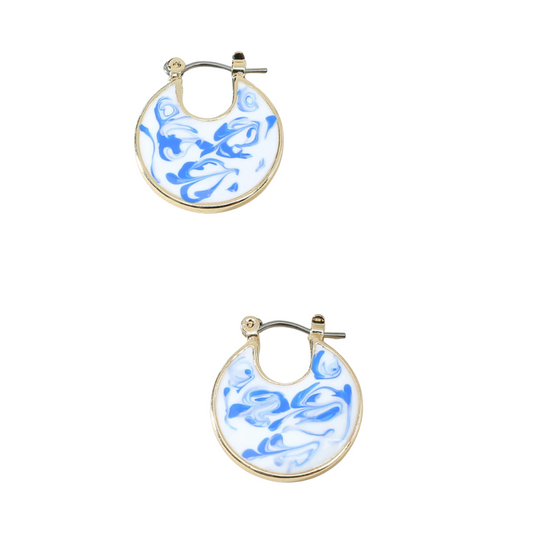 Goldtone White & Blue Marbled Circular Earrings