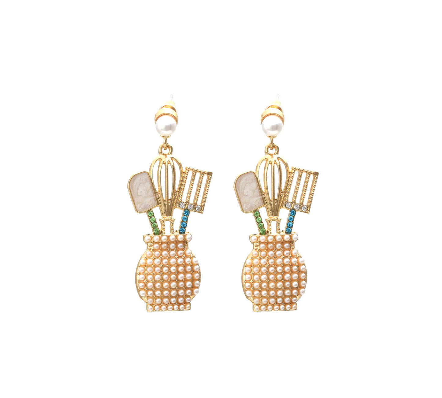 Faux Pearl & Goldtone Kitchen Utensils Drop Earrings