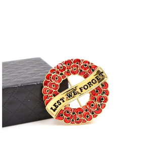 Goldtone "lest We Forget" Red Poppies Wreath Brooch