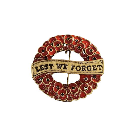 Goldtone "lest We Forget" Red Poppies Wreath Brooch