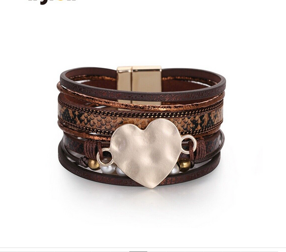 Brown Faux Leather & Hammered Heart Multi-strand Bracelet