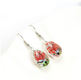 Silvertone & Red Poppies Transparent Teardrop Earrings